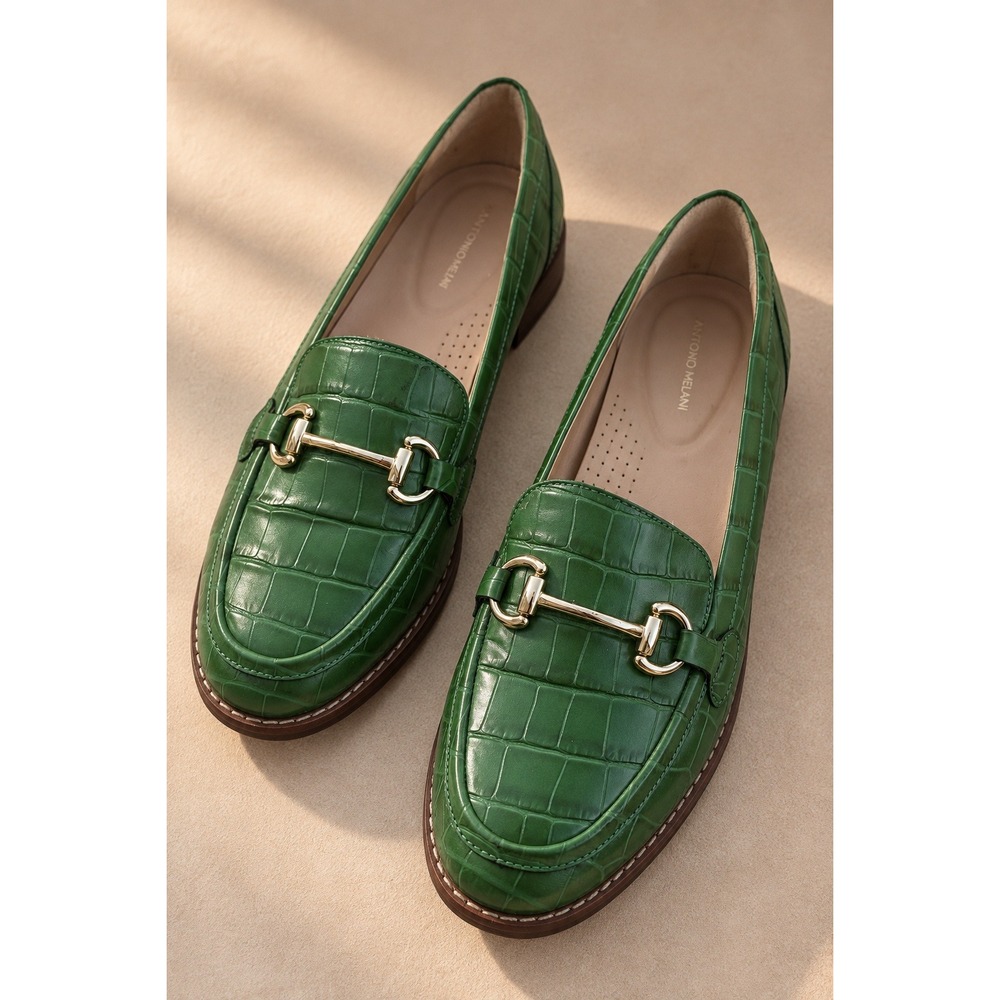 Antonio Melani Raegan Green Croc Embossed Leather Horsebit Loafers 8.5M